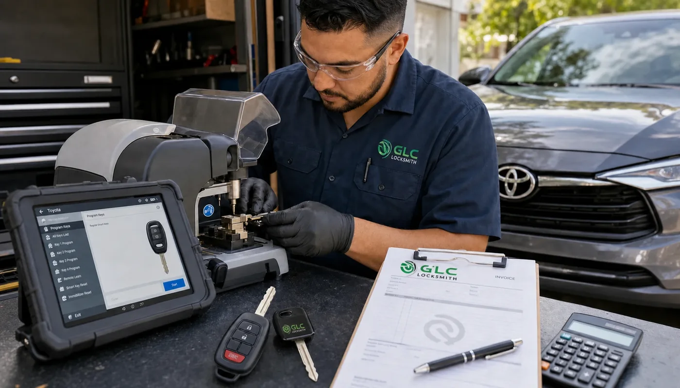 GLC Locksmith automotive technician cutting and programming a car key in Garland TX