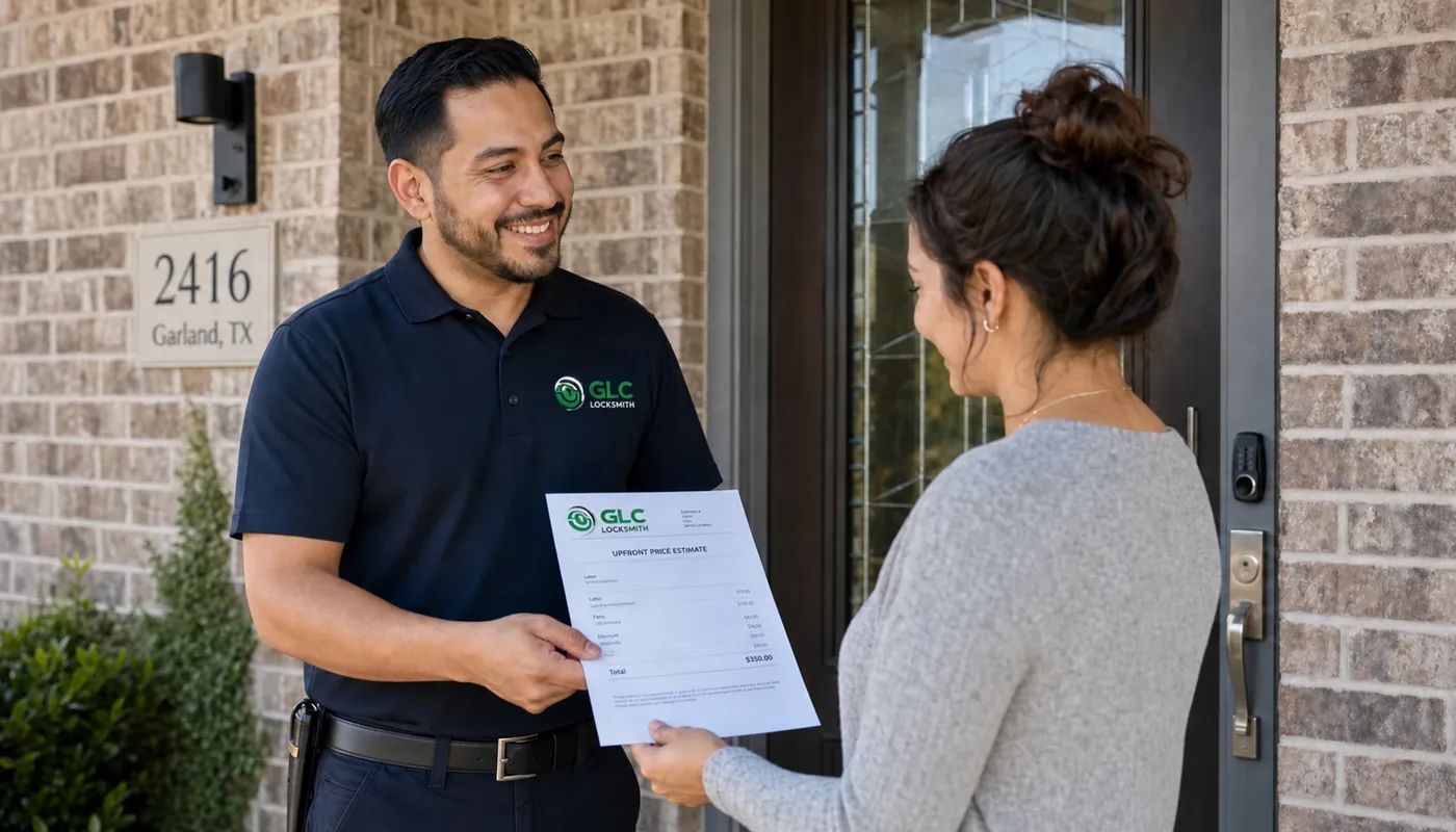 Licensed GLC Locksmith technician pricing a job in Garland TX
