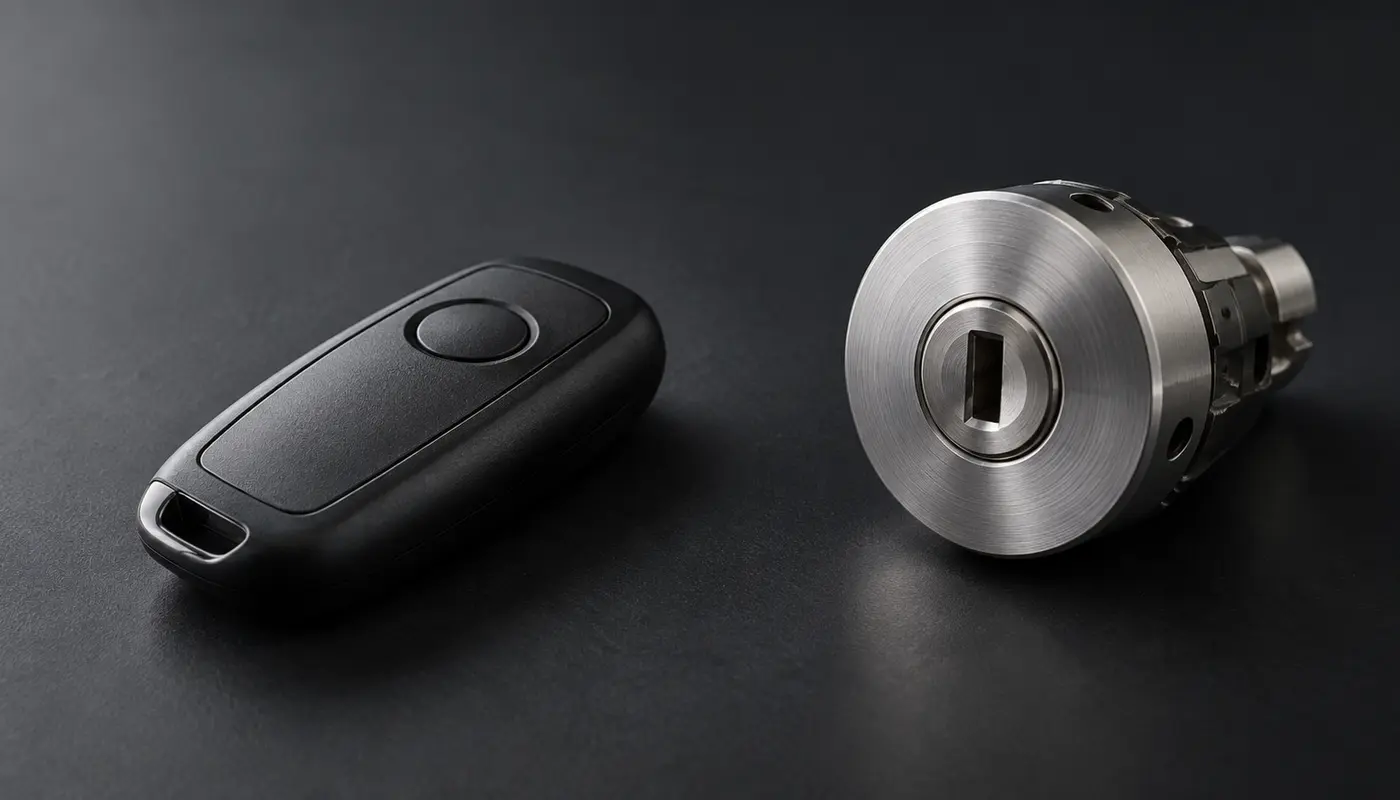 Blank remote-style key accessory and circular metal component on a neutral work surface