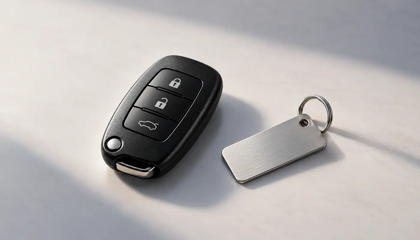 Blank remote-style key accessory and unmarked metal tag on a neutral surface