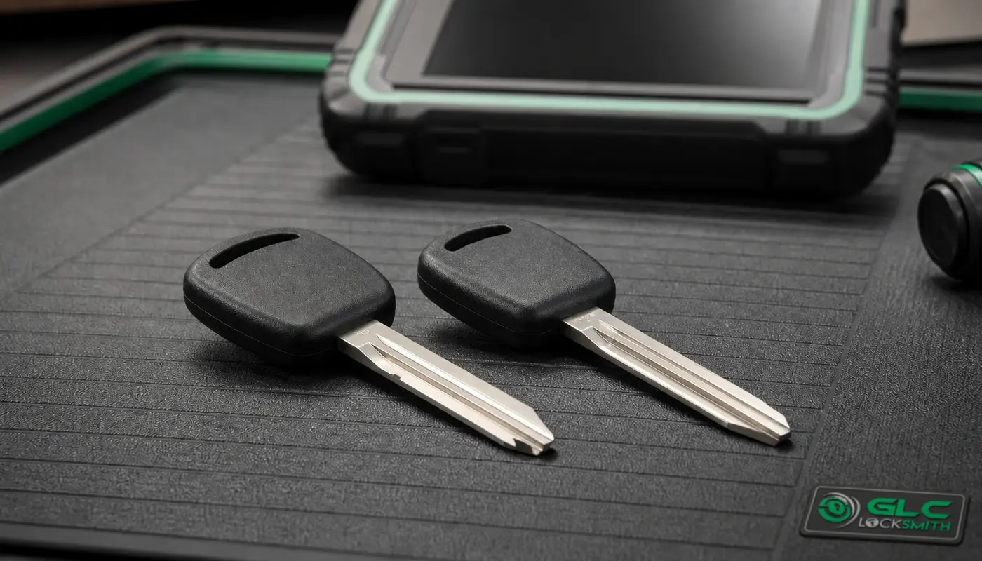 Two traditional transponder car keys resting beside automotive diagnostic equipment