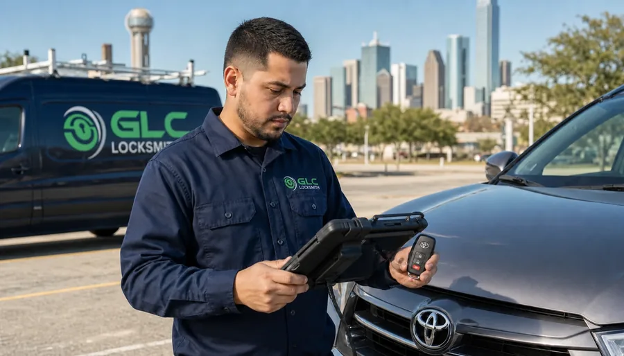GLC Locksmith technician wearing a branded uniform while programming a Toyota key in Dallas TX